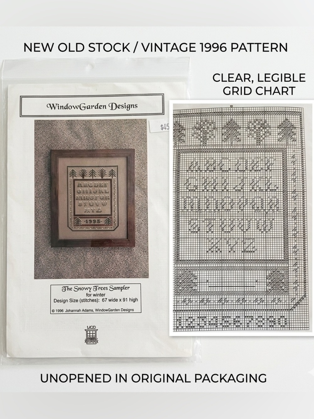 NEW WindowGarden Designs THE SNOWY TREES SAMPLER Cross Stitch Pattern + FABRIC
